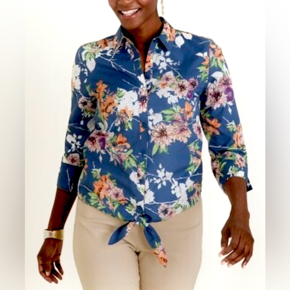 Chico’s Floral No-Iron Cotton Button Front Tie Front Size 4 EUC
